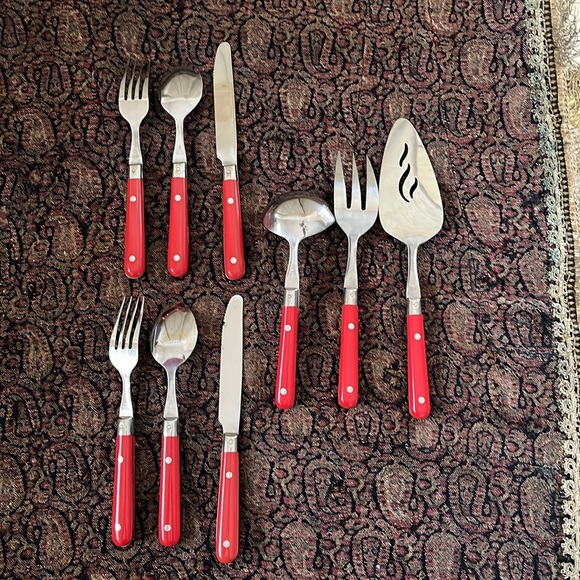 Life Time Stainless Thailand Red Handle Flatware and Server - Picture 2 of 7